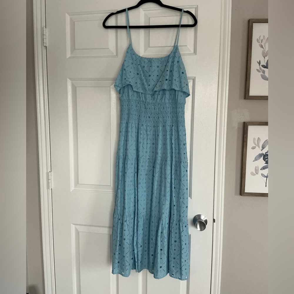Elan Blue Smocked Eyelet Midi Dress – Size M